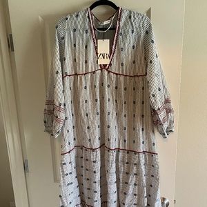 NWT Zara Striped Tiered Embroidered Peasant Dress
